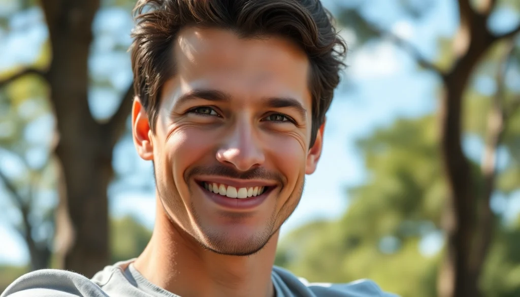 Chance Freeman engagingly smiles outdoors with a natural background, reflecting a warm atmosphere.