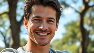 Chance Freeman engagingly smiles outdoors with a natural background, reflecting a warm atmosphere.