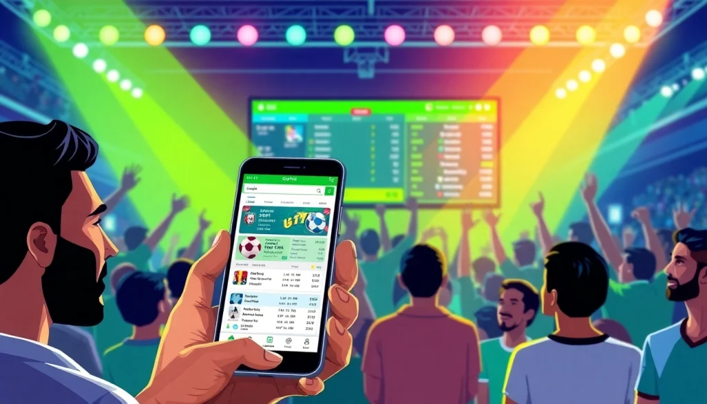 Engaging illustration of sports betting sites India, featuring dynamic app displays and enthusiastic bettors.