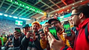Engaged fans using sports betting sites India apps during a vibrant sporting event