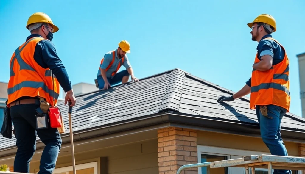Showcasing professional roofing services, skilled workers installing new roofing materials on a modern home.