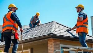 Showcasing professional roofing services, skilled workers installing new roofing materials on a modern home.