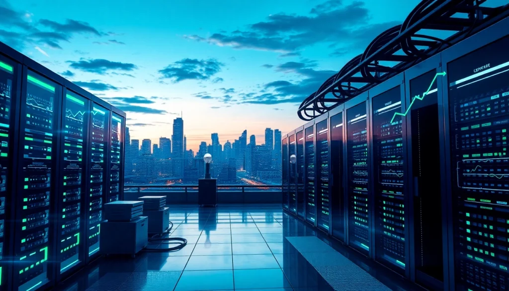 Best cloud mining visualization with futuristic data centers and crypto elements.