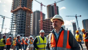 Manhattan Construction Manager directing a team on a vibrant construction site.