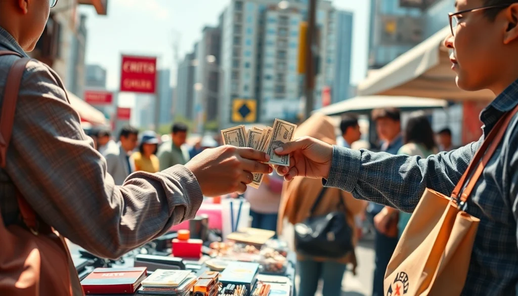 카드깡 거래에서 현금을 주고받는 장면의 활기찬 시장 풍경