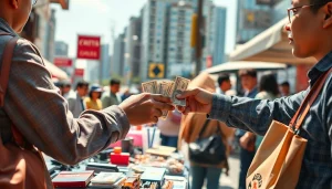 카드깡 거래에서 현금을 주고받는 장면의 활기찬 시장 풍경