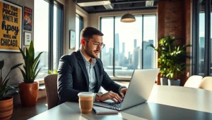 Job in Chicago: Enthusiastic professional working at a laptop in a bright office.