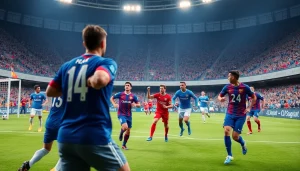 축구중계 중인 경기 현장의 선수들과 응원하는 관중들 모습