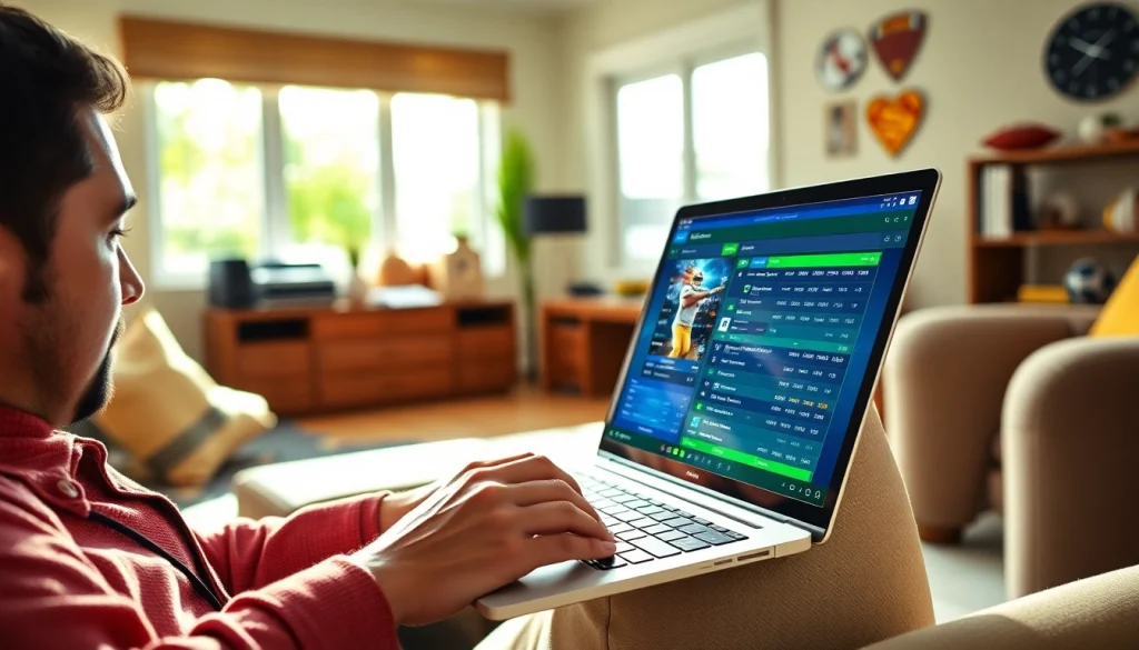 Engaged gambler using online sports betting South Carolina platform on laptop in bright home.