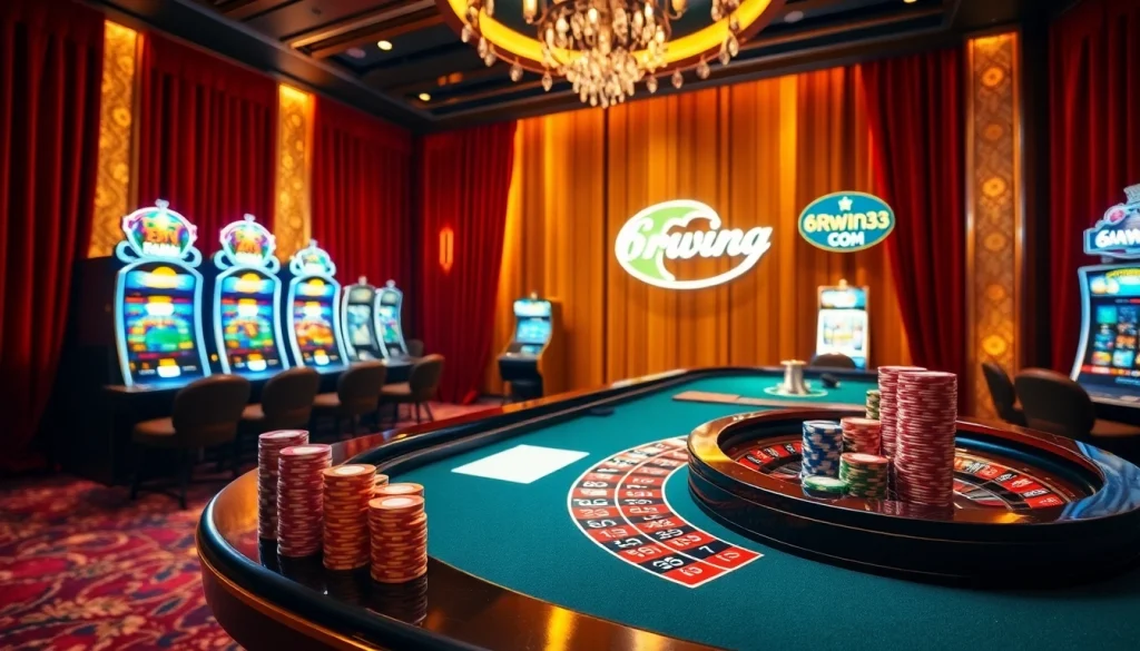 Experience the excitement of gambling at 6RWIN33 COM with a vibrant casino scene.