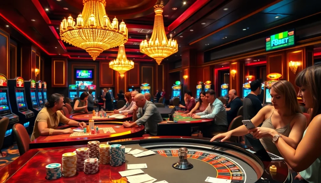 Excited players at the F8bet casino engaged in high-stakes poker and roulette.