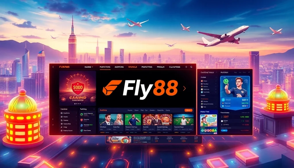 Engaging Fly88 link showcasing a vibrant online gambling interface with casino games and futuristic elements.