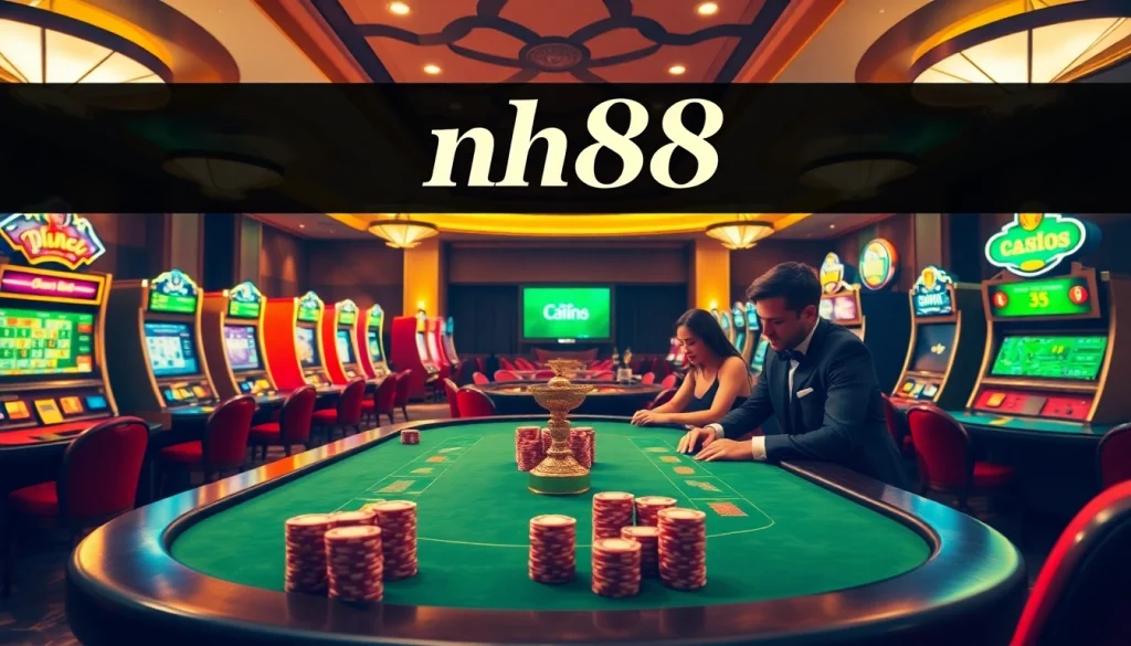 Players engaging in high-stakes poker at nh88 casino, showcasing vibrant slots and roulette.