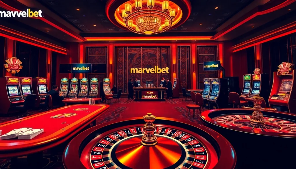 Marvelbet showcases an exciting casino scene with roulette, poker tables, and vibrant slot machines.