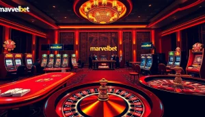 Marvelbet showcases an exciting casino scene with roulette, poker tables, and vibrant slot machines.