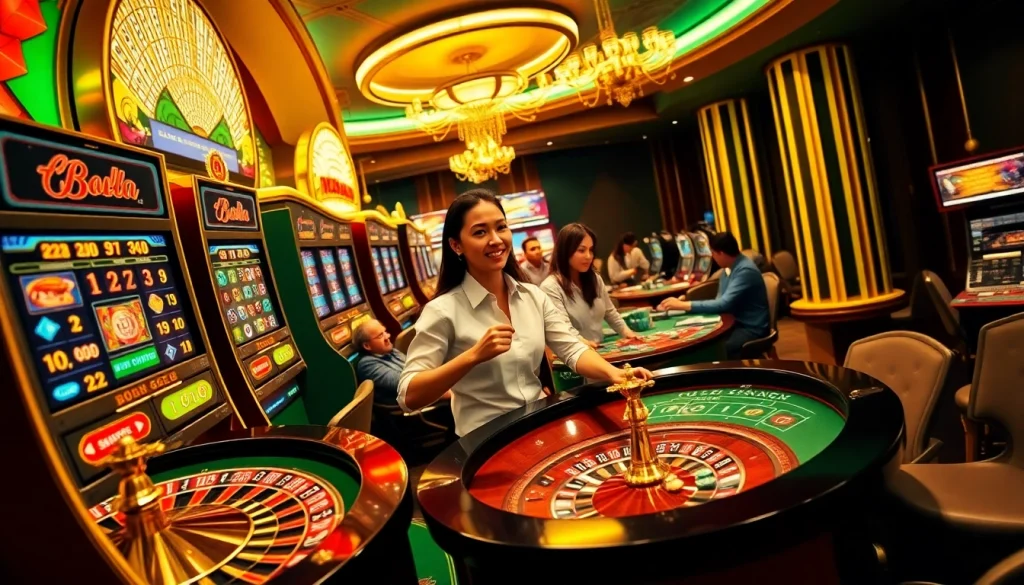 Engaging scene of players enjoying 88clb gaming with vibrant slot machines and poker tables.