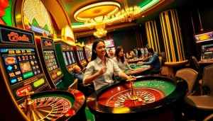 Engaging scene of players enjoying 88clb gaming with vibrant slot machines and poker tables.