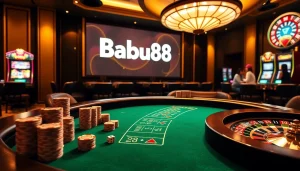 Experience the thrill of Babu88 with players engaging at a luxurious casino table and slot machines.