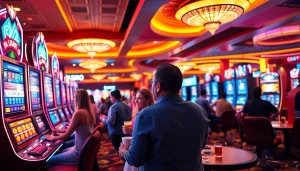 Experience the excitement of Canada online casinos with players at vibrant gaming tables and machines.