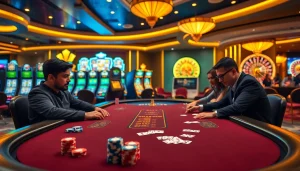 SHBET gaming table with poker chips and cards in a luxurious casino environment.