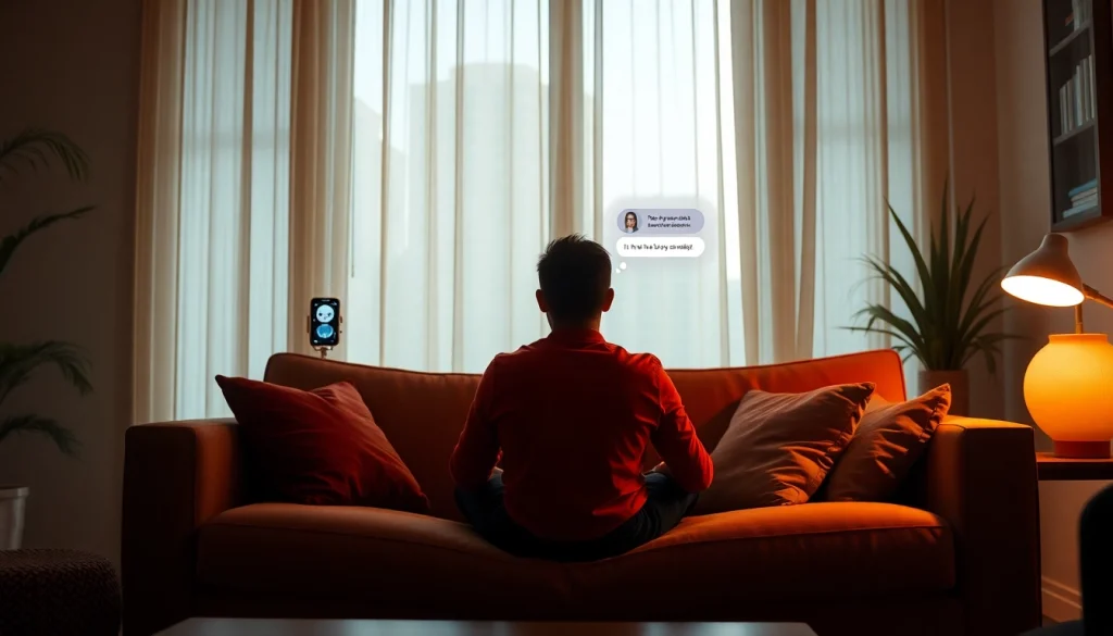 Engaging scene of a user interacting with sex chat AI in a modern living space.