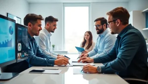 Dental practice management team reviewing analytics in a modern dental office.