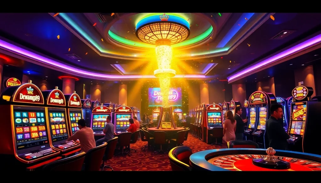 Rasakan kemenangan besar di dewanaga89, dengan mesin slot berwarna-warni dan pemain yang antusias merayakan jackpot.