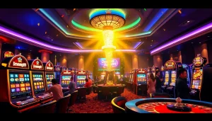 Rasakan kemenangan besar di dewanaga89, dengan mesin slot berwarna-warni dan pemain yang antusias merayakan jackpot.