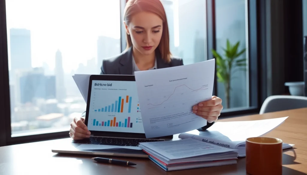 Evaluate Bid-No-Bid Analysis process with a businesswoman in an office.