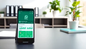 Visualize the features of WhatsApp Business CRM on a smartphone in a professional setting.