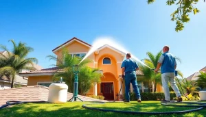 Roof cleaning services showcased with a team using eco-friendly techniques, emphasizing safety and professionalism.