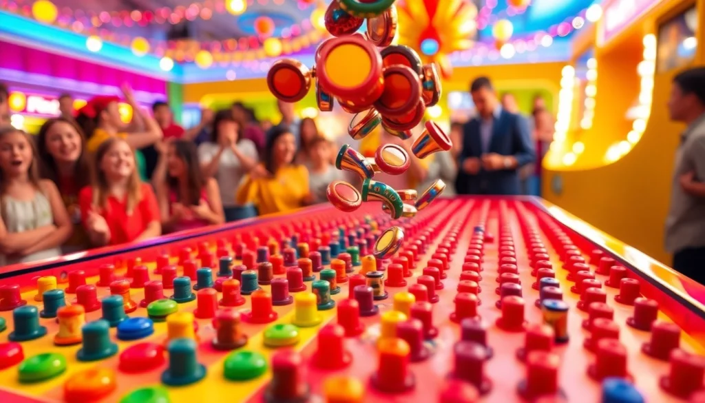 Mainan demo plinko yang menarik dengan token berwarna-warni yang jatuh dari papan.