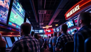Engaging scene of online sports betting Oklahoma in a lively casino with enthusiastic bettors.