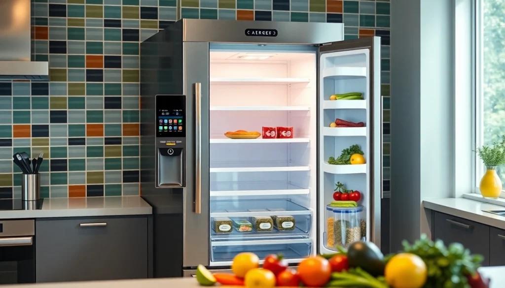 Showcase a stylish refrigerator in a modern kitchen, highlighting its sleek features and organization.