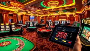 Exciting casino atmosphere with F168 branding, showcasing vibrant games and players at various tables.