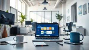 现代工作空间，笔记本电脑屏幕上突出显示 WPS Office，体现生产力与创新。