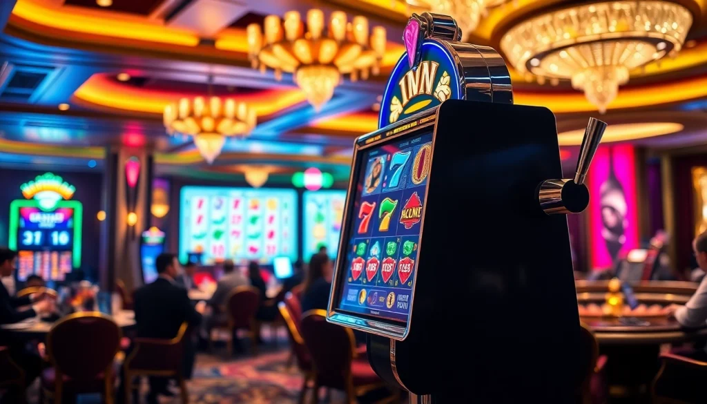 Engaging gamblers at the luxurious idn slot machine in a vibrant casino setting.