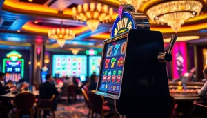Engaging gamblers at the luxurious idn slot machine in a vibrant casino setting.