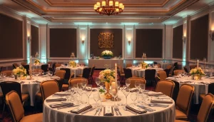 Highlighting an elegant events space Jacksonville FL with a luxurious banquet setup and warm lighting.