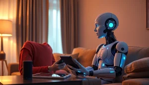 AI sex bot in a cozy living room, showcasing intimate interaction and advanced technology.