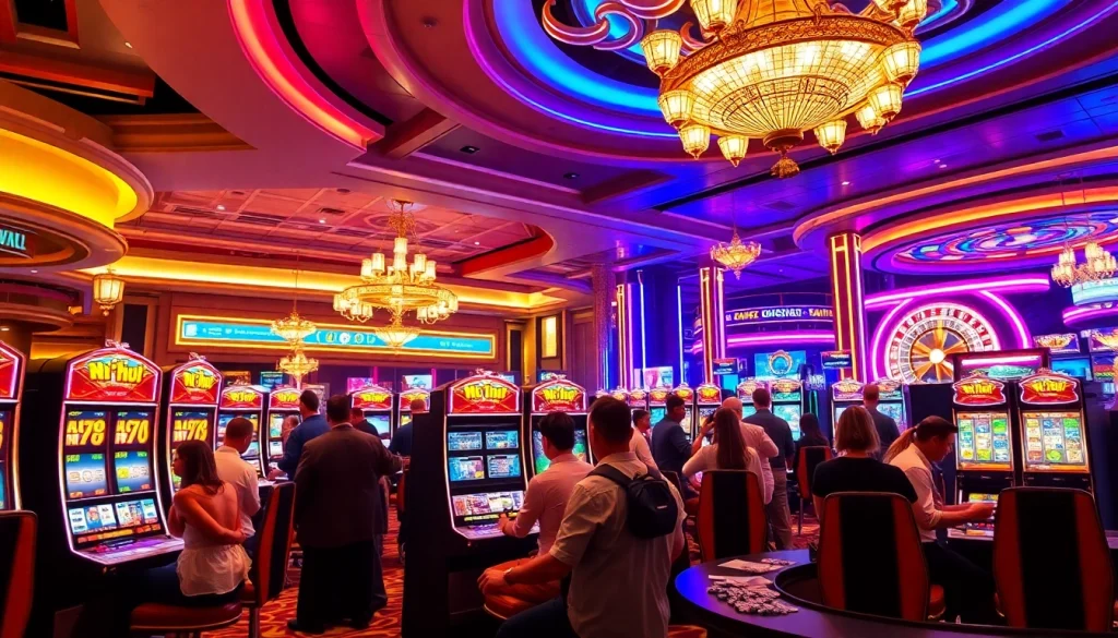 Exciting players engaging in nổ hũ slot games at a luxurious casino with vibrant colors.