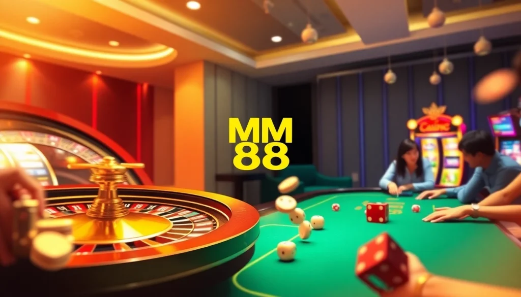 Experience the excitement of MM 88 with a vibrant online casino scene featuring roulette, poker, and slot machines.