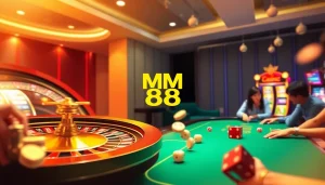 Experience the excitement of MM 88 with a vibrant online casino scene featuring roulette, poker, and slot machines.