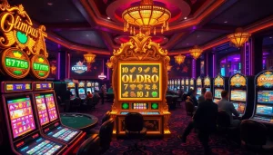 Adegan menarik para pemain yang menikmati mesin slot Olympus di kasino mewah yang penuh warna.