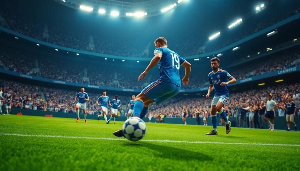 Catch the excitement of ผลบอลยูฟ่าแชมป์เปียนลีก in a dramatic soccer match scene with players in action.