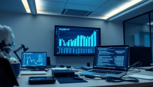 Modern office showcasing information security (infosec) tools and digital financial charts.
