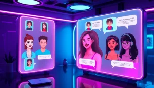 Interactive NSFW AI chat interface featuring diverse avatars and vibrant neon lighting.