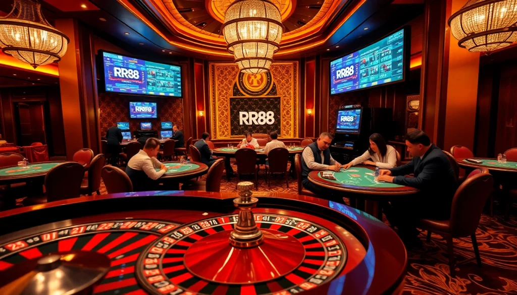 Players enjoying an exciting game at the luxurious RR88 casino, emphasizing thrill and professionalism.