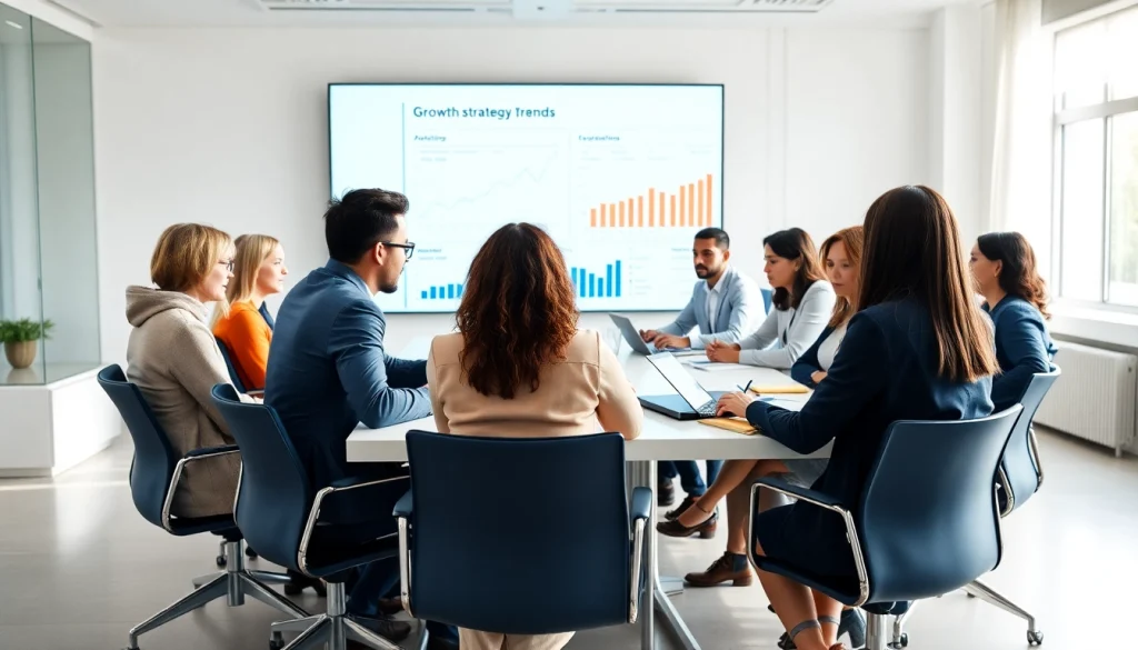 Visual representation of growth strategy trends in a professional business meeting.
