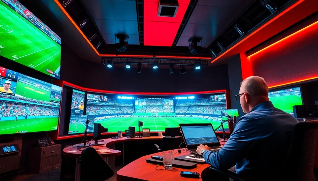 Dynamic sports broadcasting studio showcasing commentary setup during a live game.
